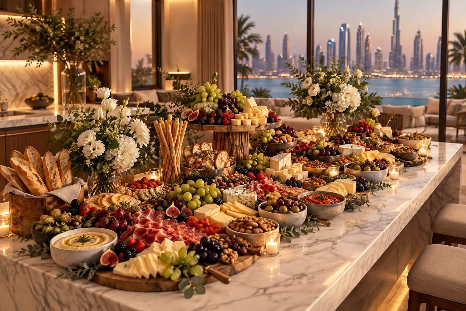 Grazing table arranged at varied heights on a villa kitchen island