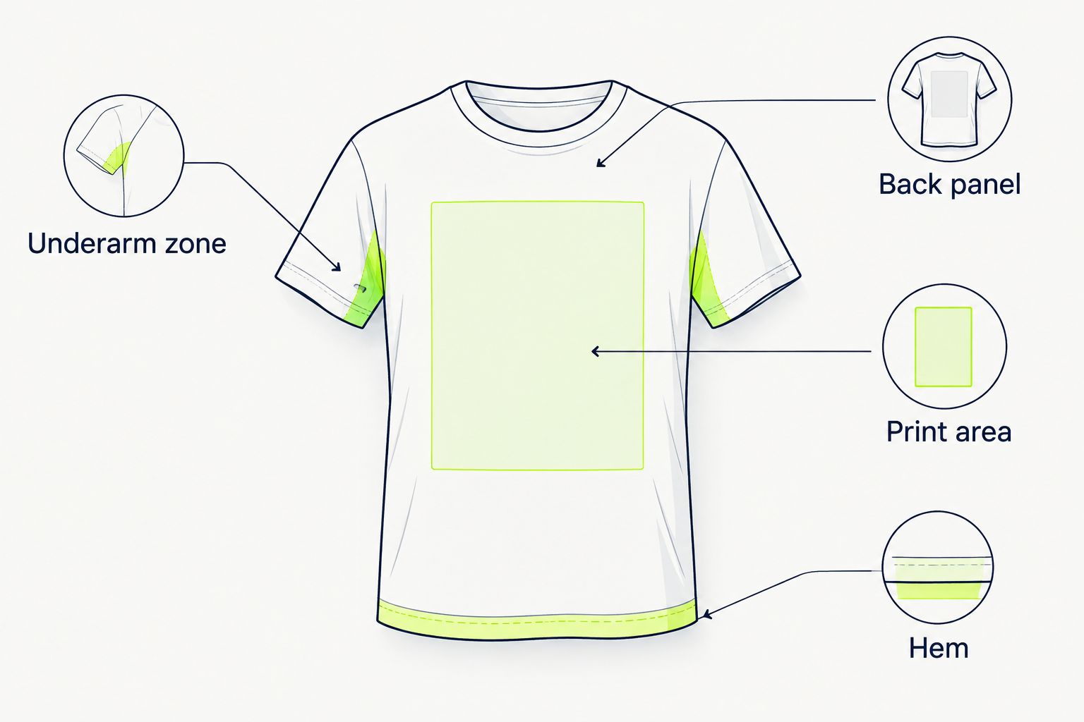 T-shirt diagram showing underarm zone, back panel, print area, and hem labeled for airflow