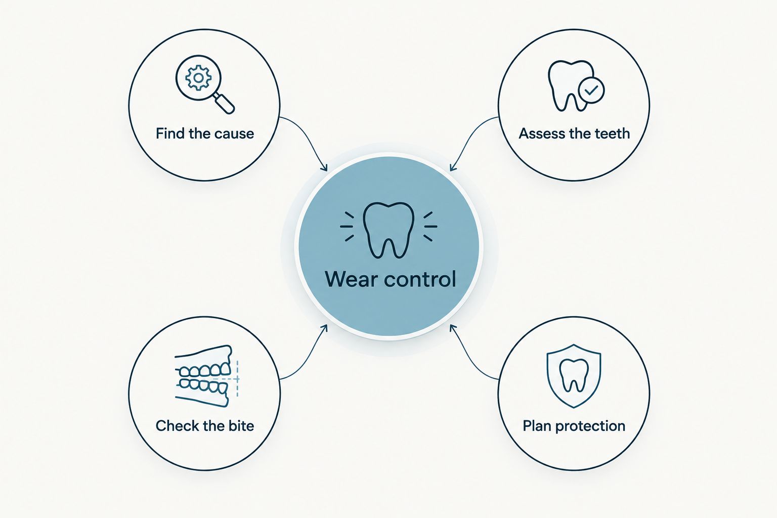 Four connected parts of wear control: cause, tooth assessment, bite assessment, and protection.