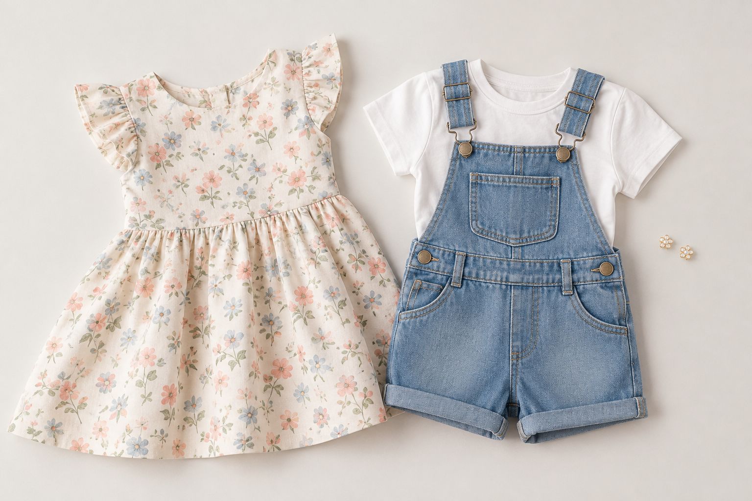 Roupas infantis ao lado de um único par de brincos, sem combinação de vários acessórios.