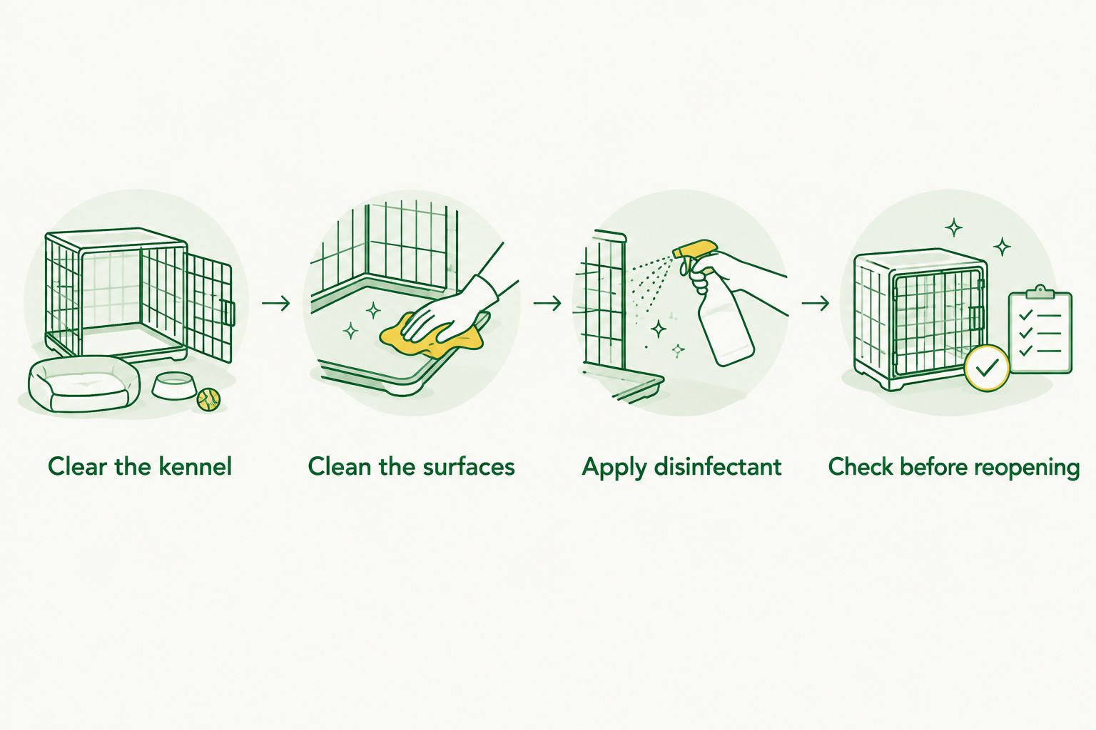 Four-stage kennel workflow from clearing the space to checking before reopening