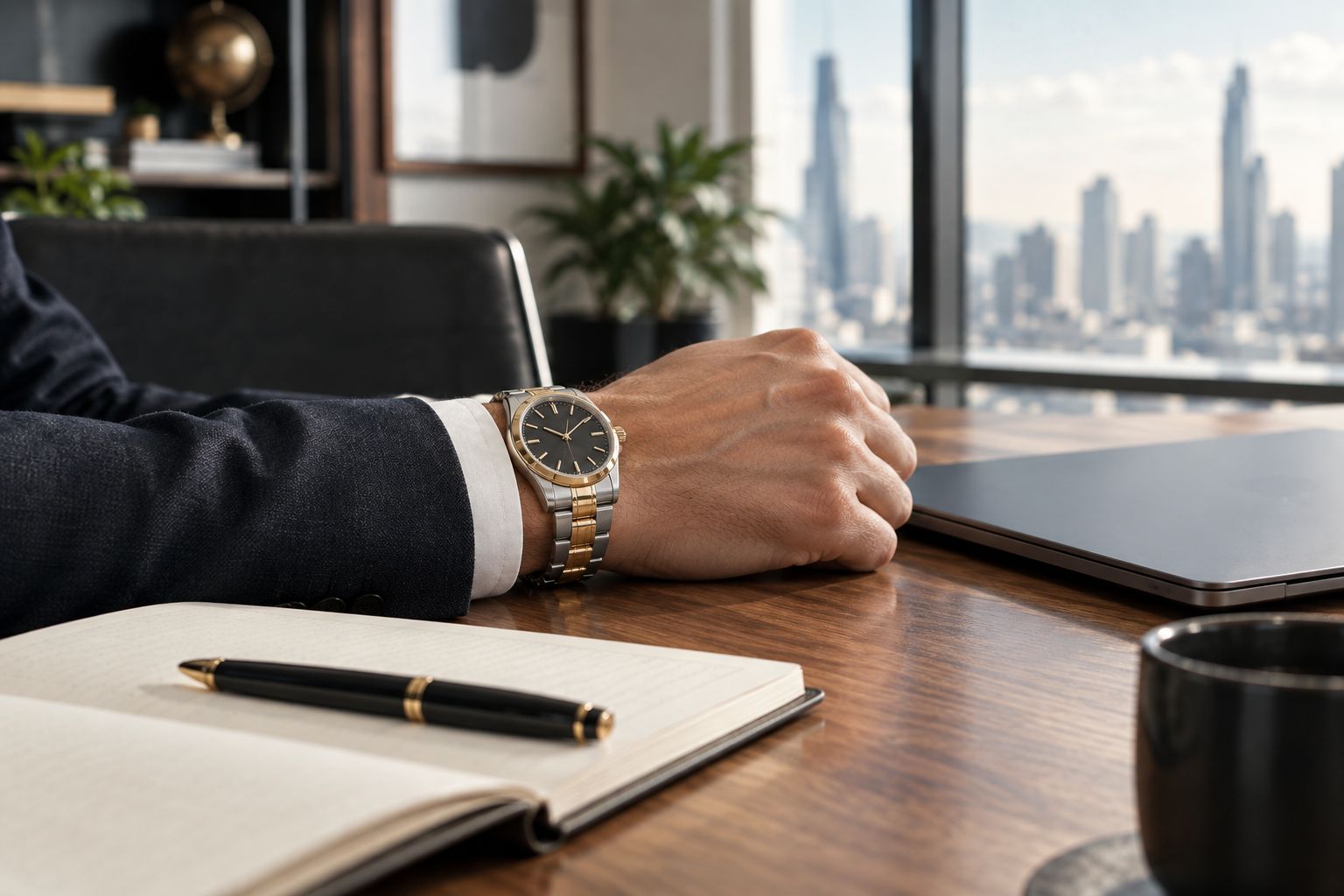A dress watch worn at a desk beside a notebook and laptop