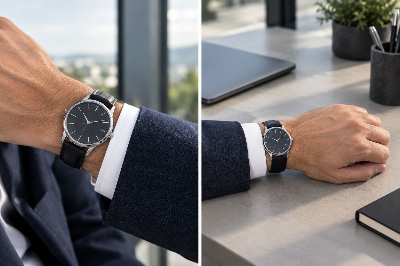 An unbranded watch beneath a shirt cuff, showing fit with the wrist relaxed and bent.