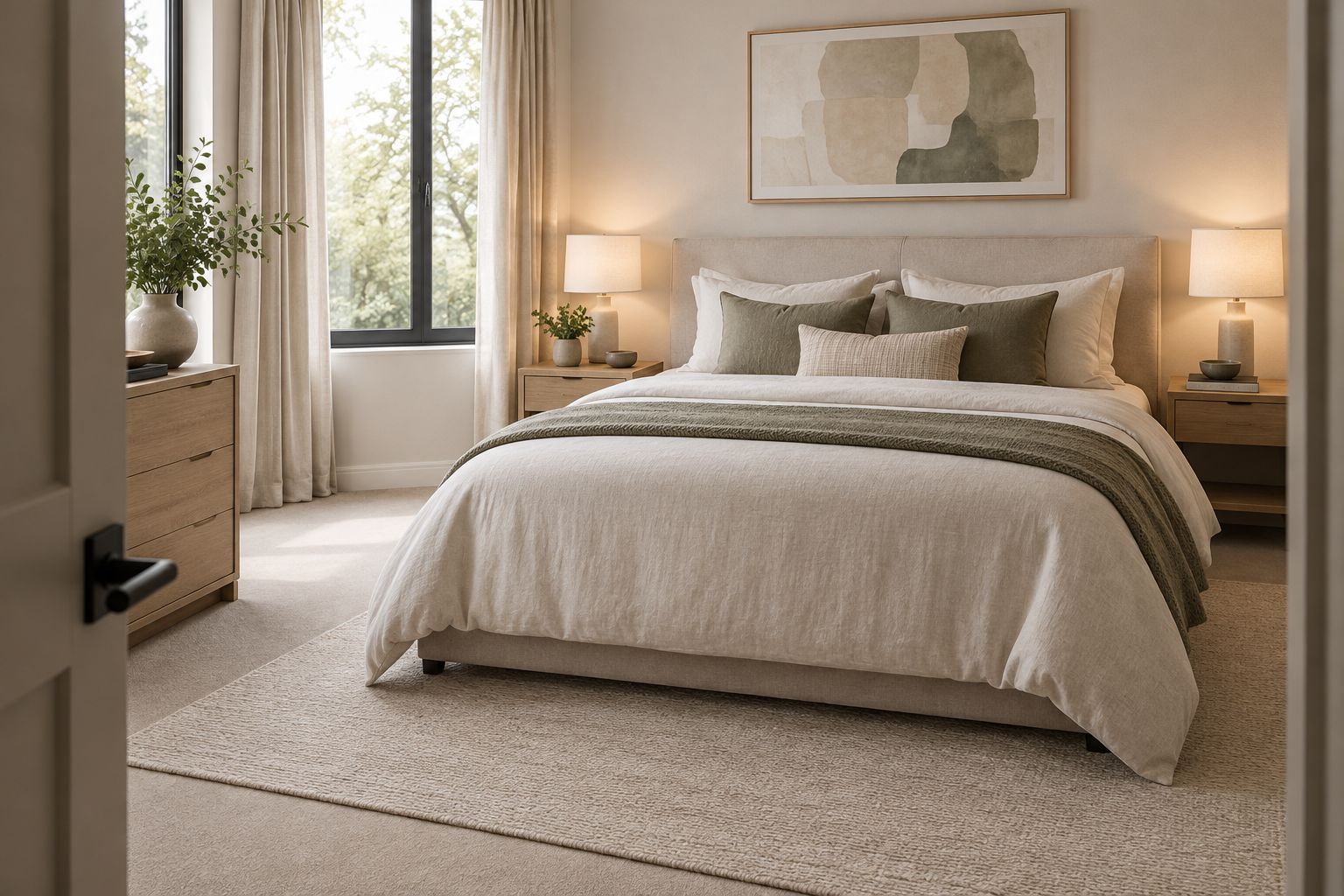 Hotel-inspired bedroom with layered bedding, bedside lamps and clear space around the bed