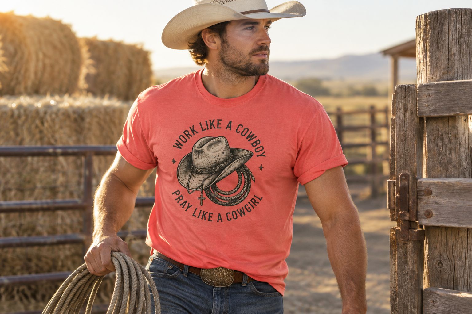 Person wearing a ranch-themed graphic tee while doing morning chores