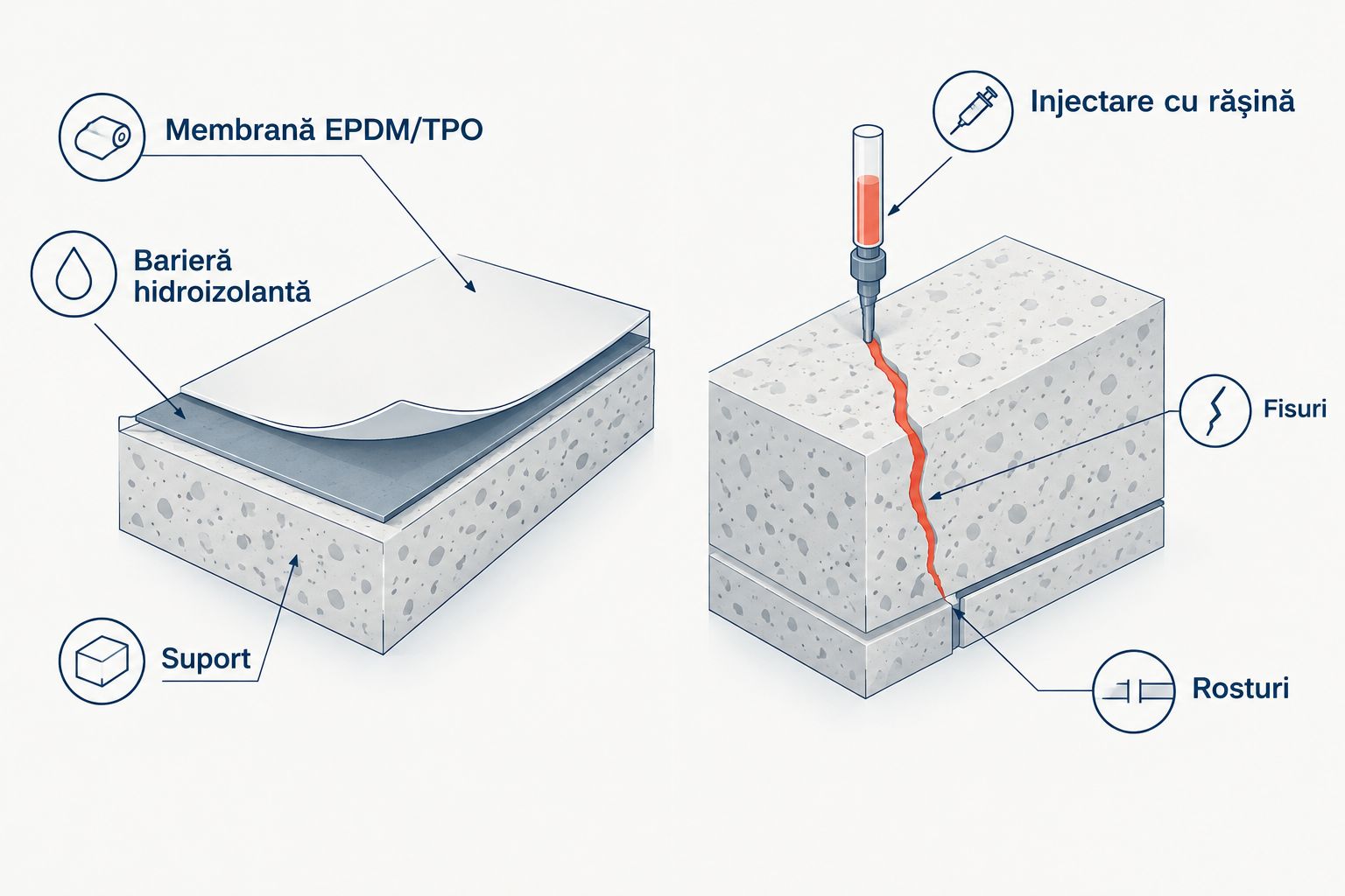 Comparație între bariera hidroizolantă pe suprafață și injectarea fisurilor sau rosturilor.