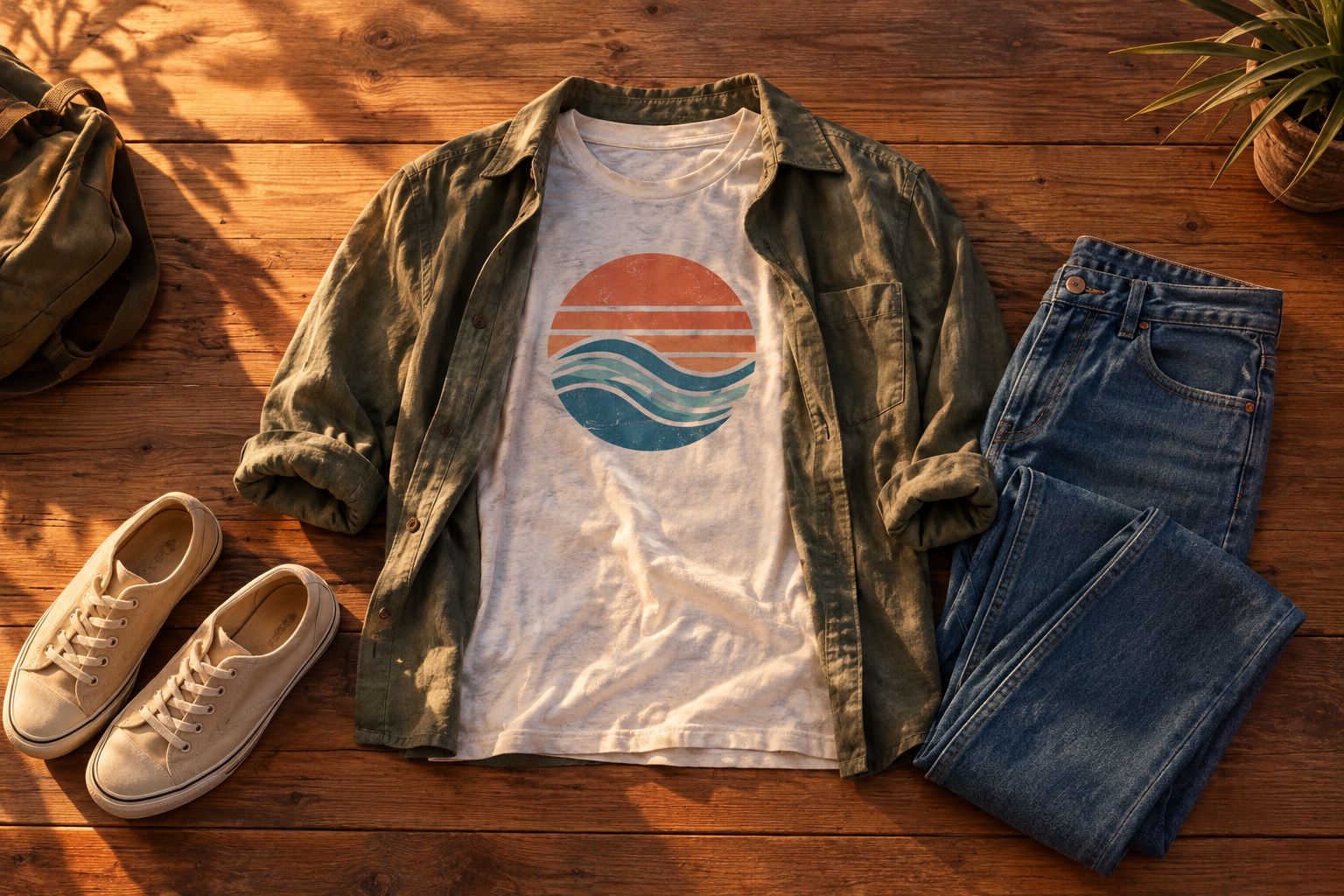 A graphic tee paired with jeans, casual shoes, and an open overshirt.