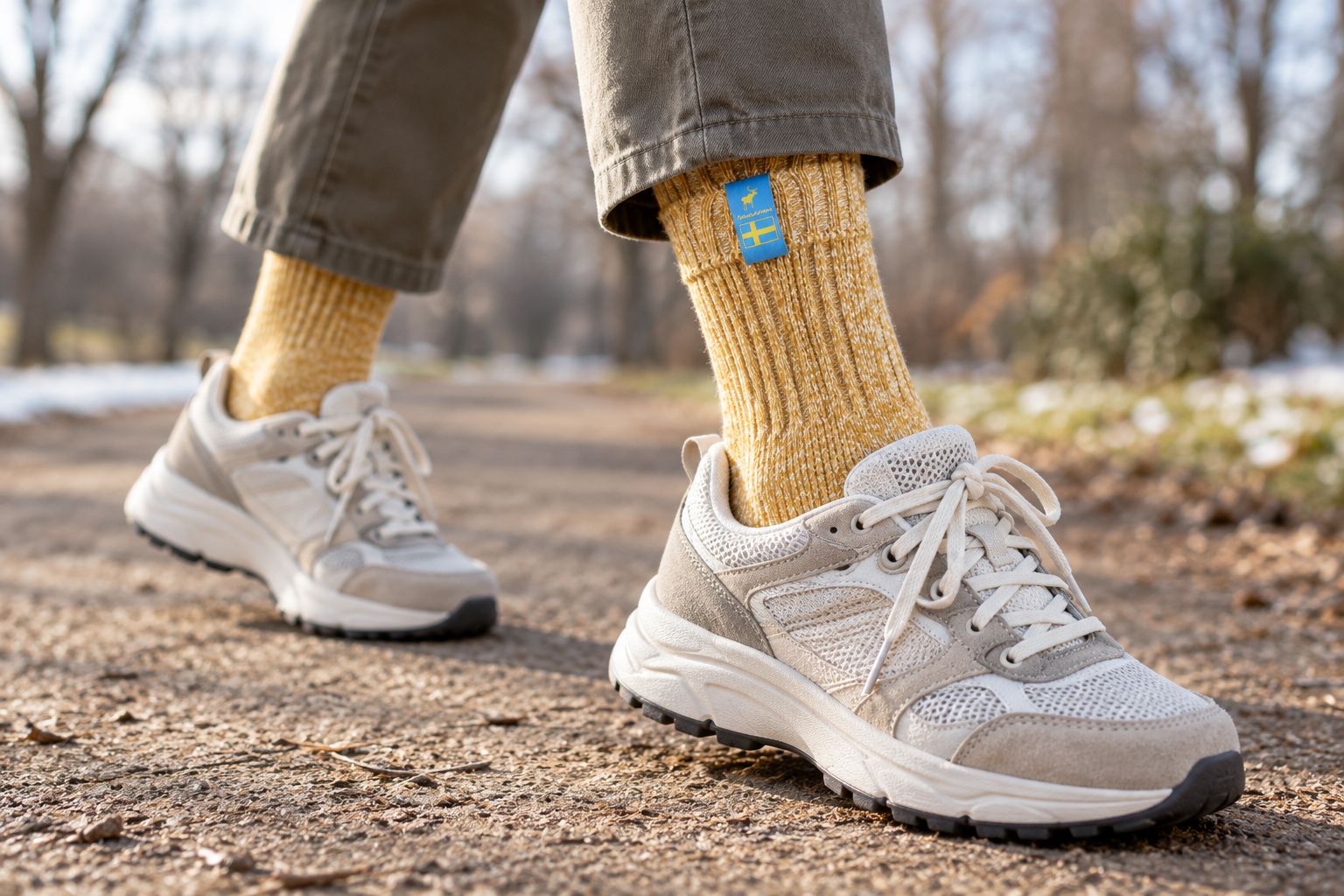 Wool-blend socks worn with roomy trainers on a winter walk