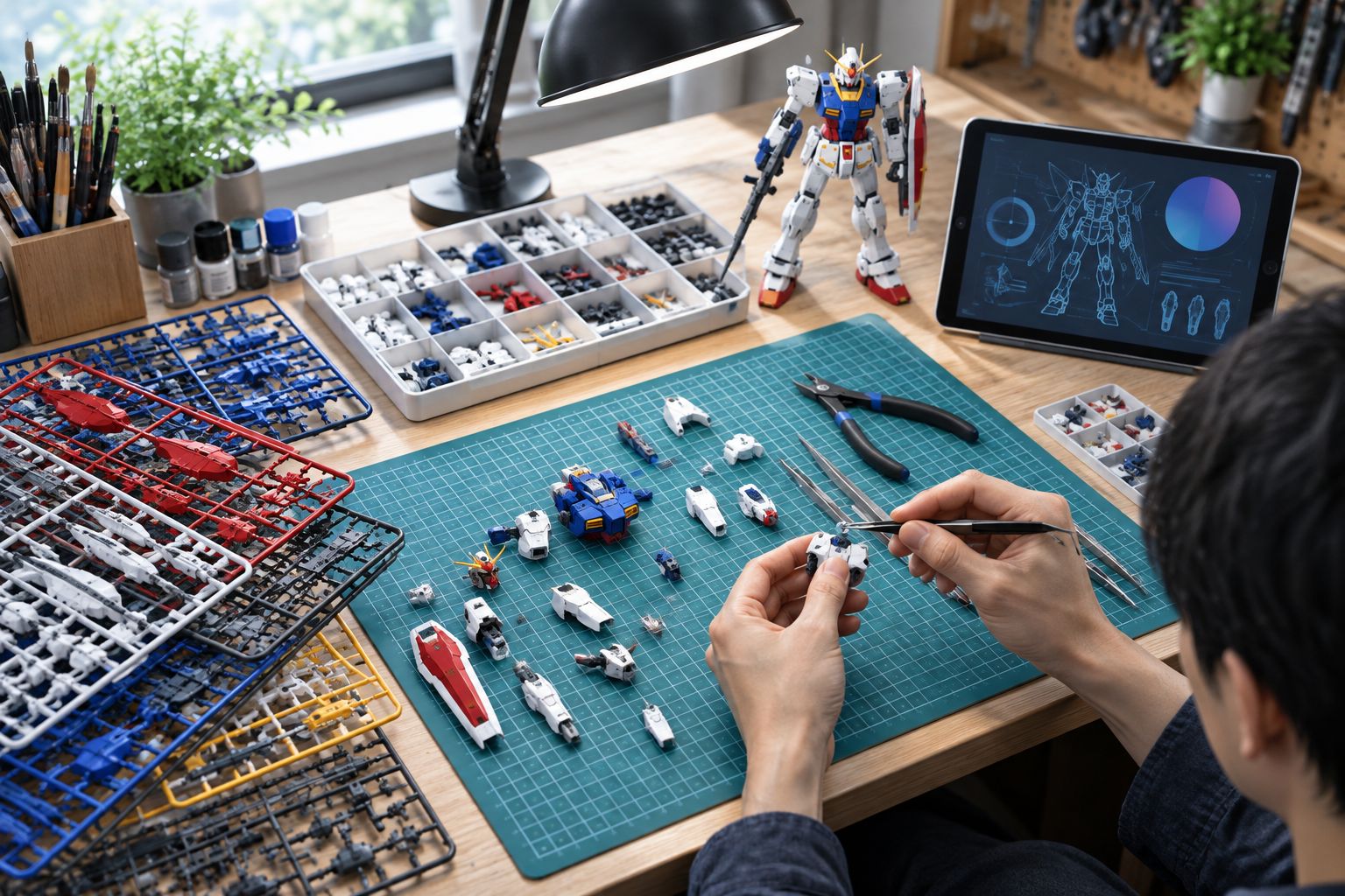 Hobbyist workbench set up with cutting mat, nippers and parts trays
