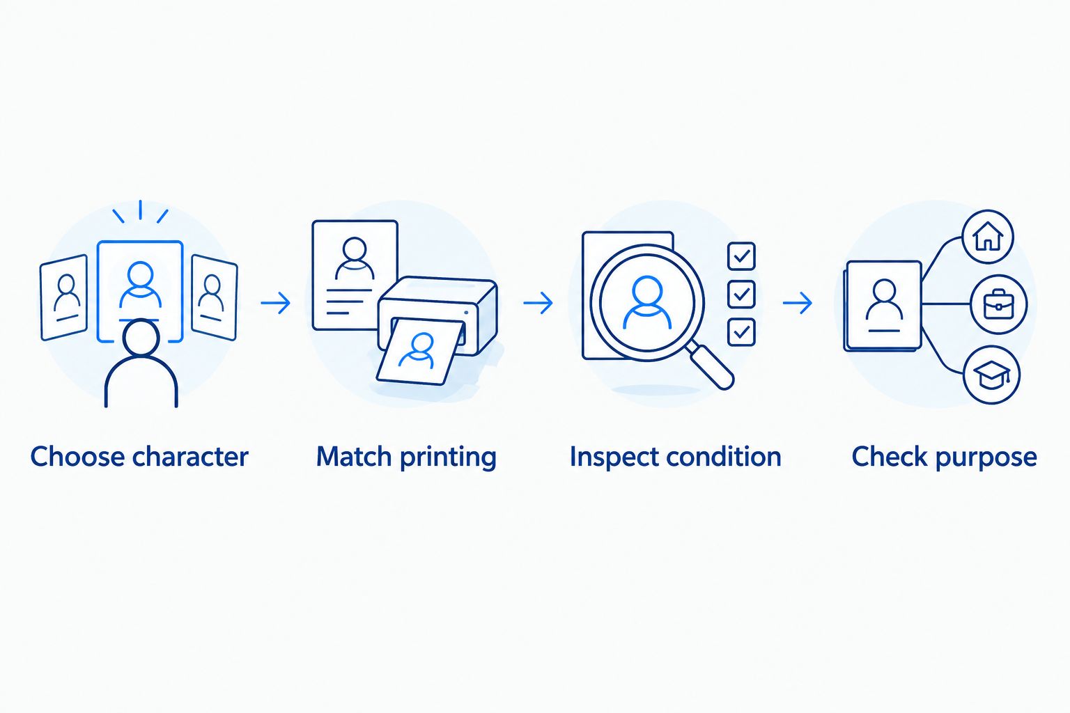 Four checks for choosing a character card and confirming its printing, condition, and purpose.