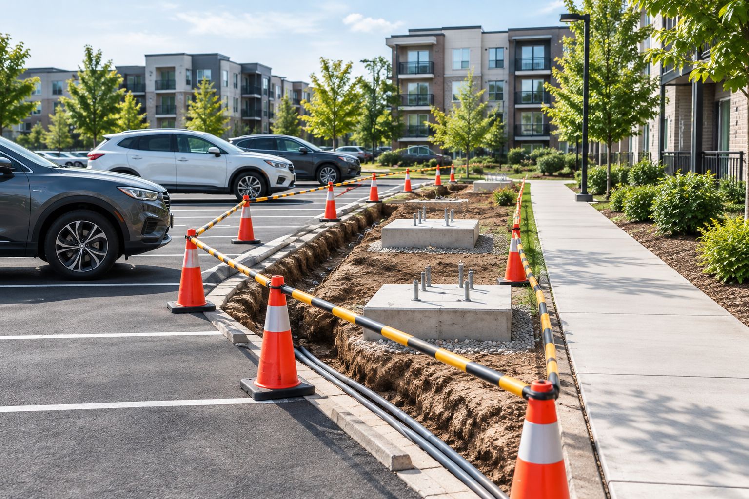 Apartment parking construction with a protected trench and separate pedestrian route
