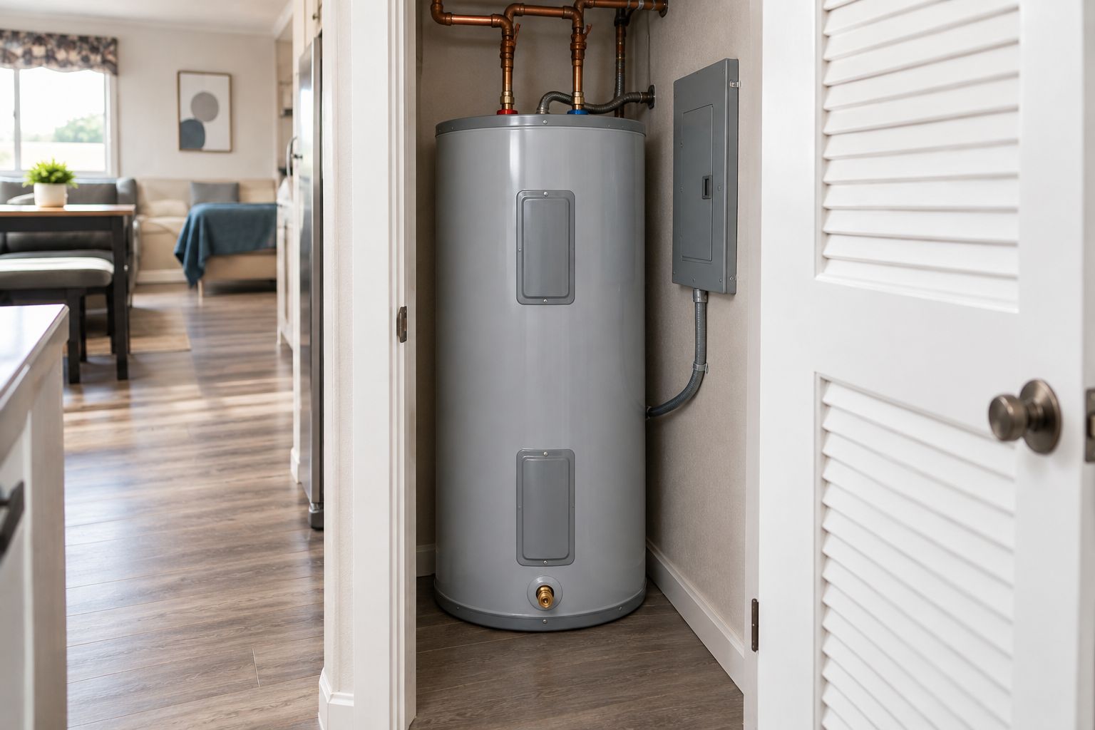 Electric storage water heater in a narrow compartment with visible plumbing and closed electrical covers