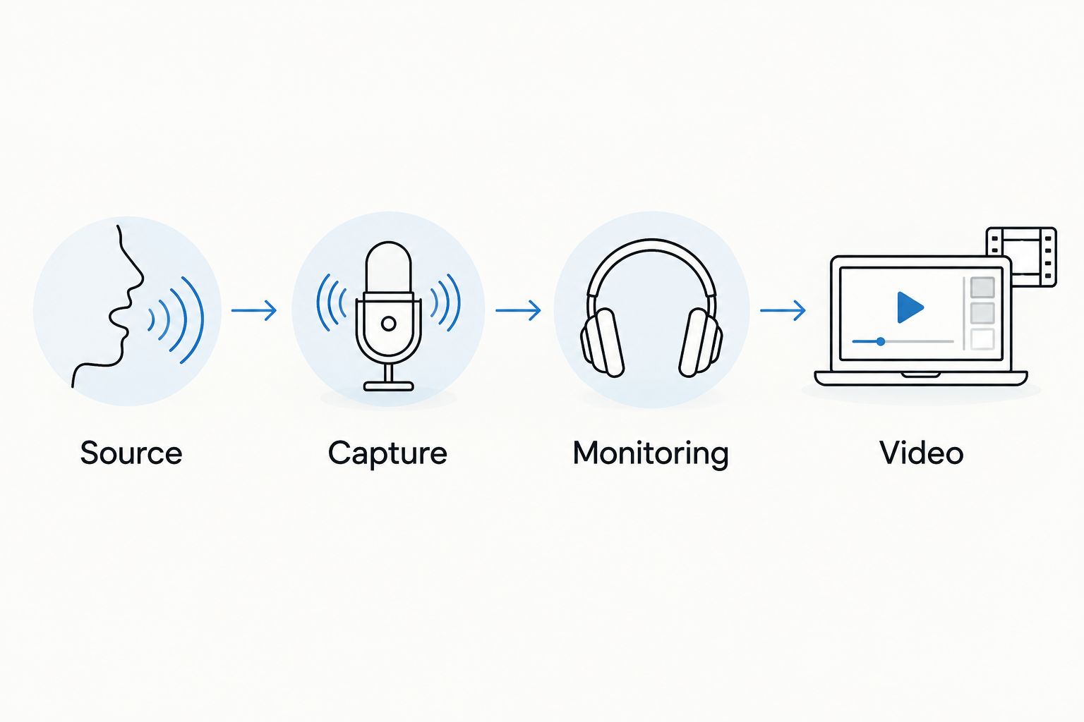 Four connected stages showing source, capture, monitoring, and video