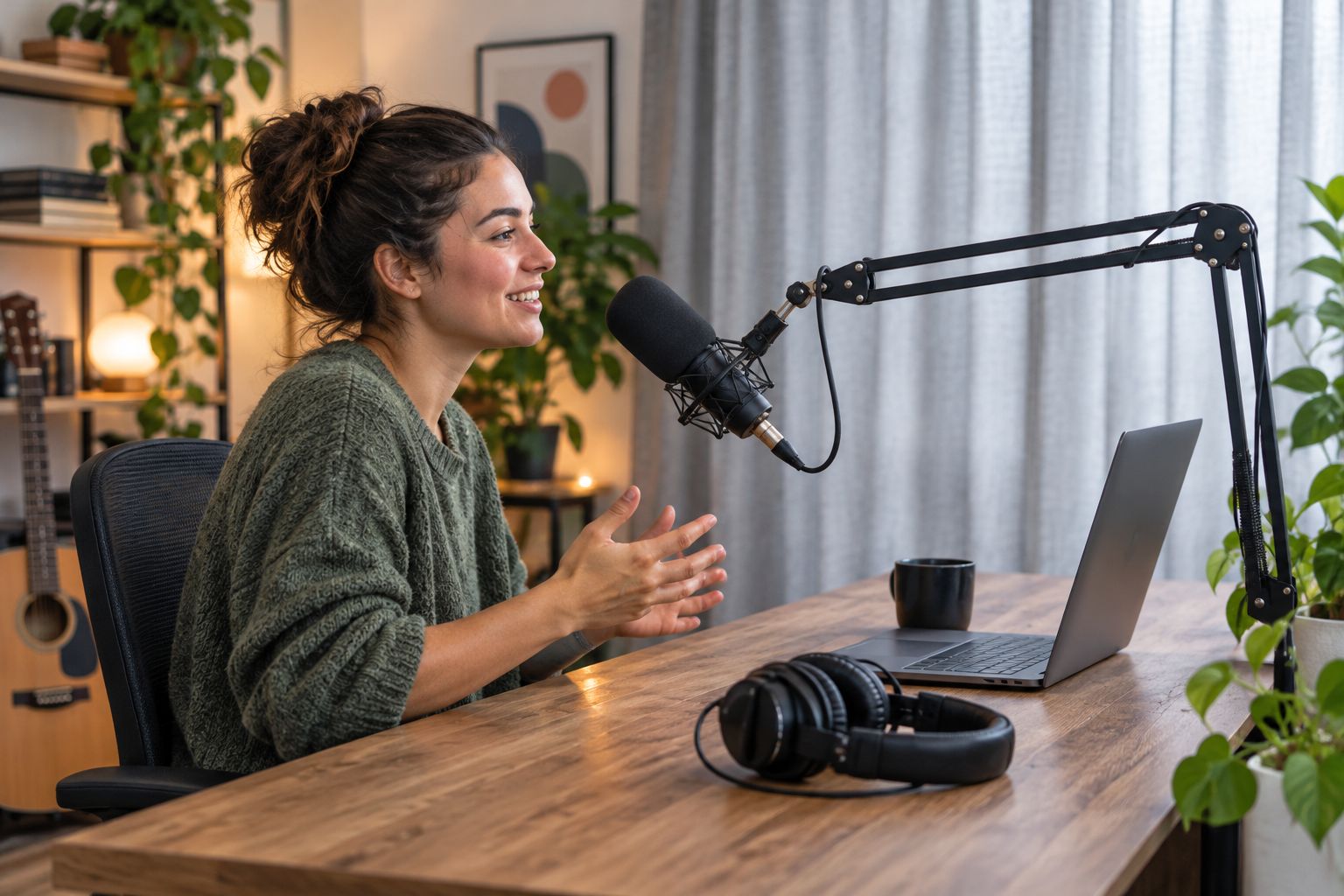 Home recording desk with a boom-mounted microphone, headphones, and a curtain behind the speaking position