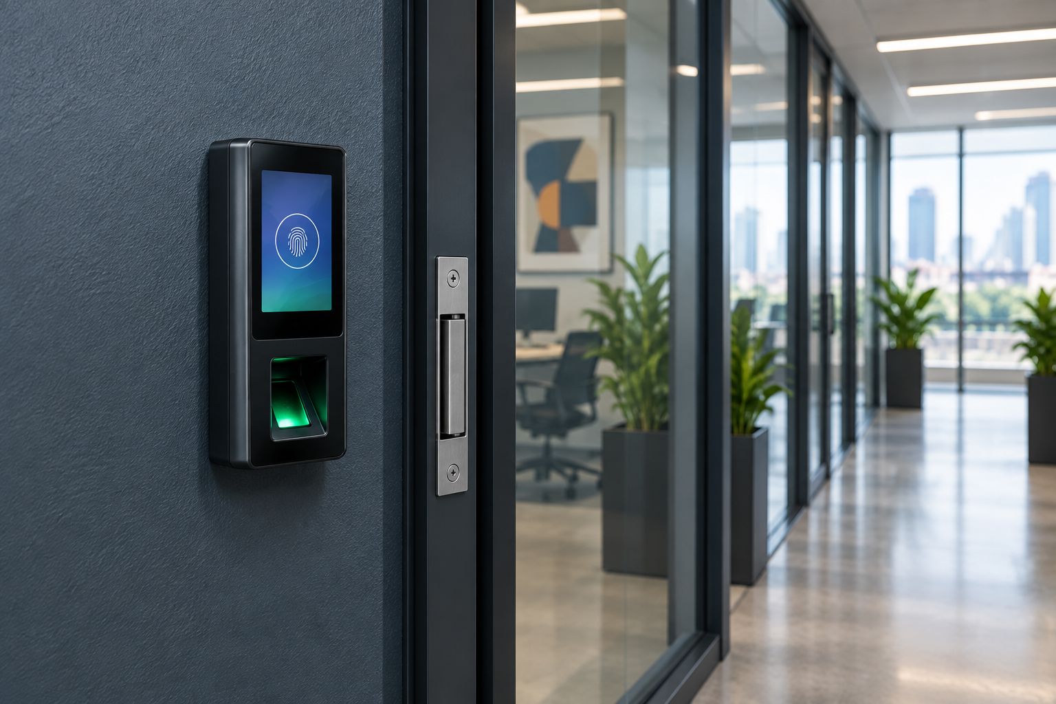 Best Access Control System for an Office in Nairobi (2026) 2 Biometric fingerprint reader mounted beside an office door