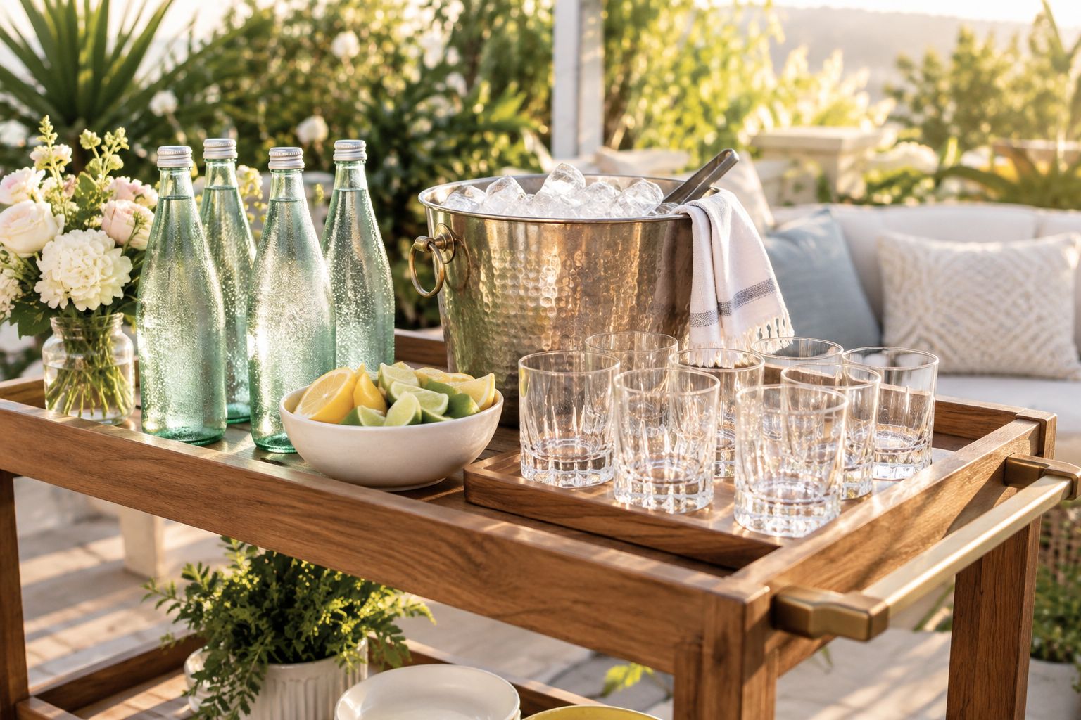 Bar cart stocked with sparkling water and citrus for a sober bachelorette weekend