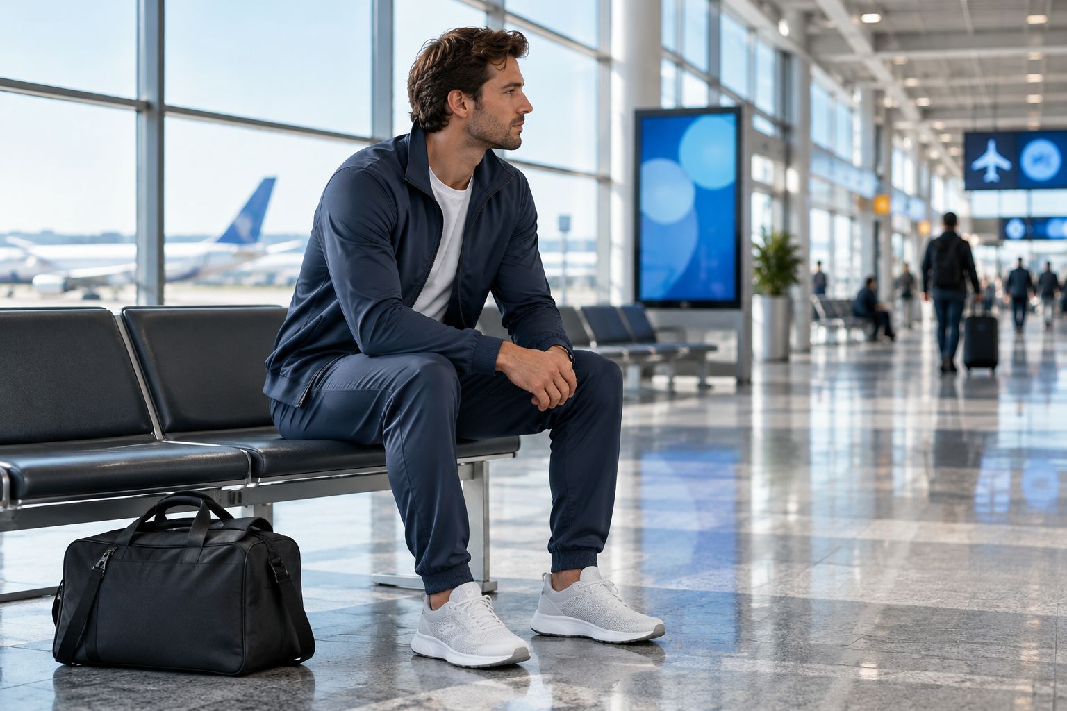 Traveler seated in an unbranded tracksuit, showing waistband position and room at the knees