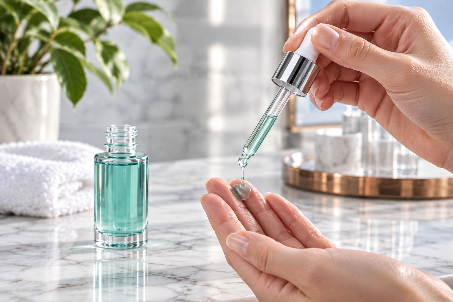 Applying copper peptide serum drops to fingertips before layering