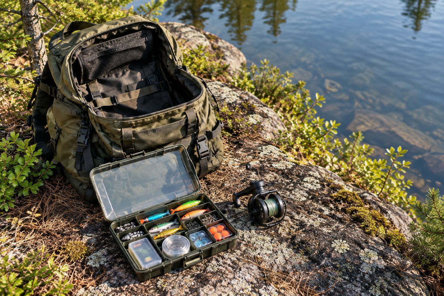 Compact hand reel and contained tackle beside an open bag near a pond