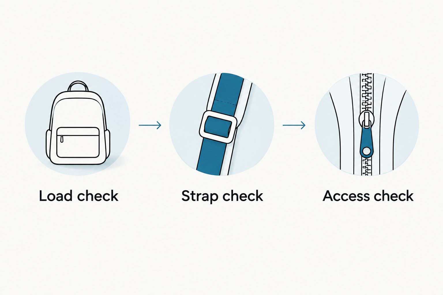 Three travel bag checks covering packing, strap position, and access