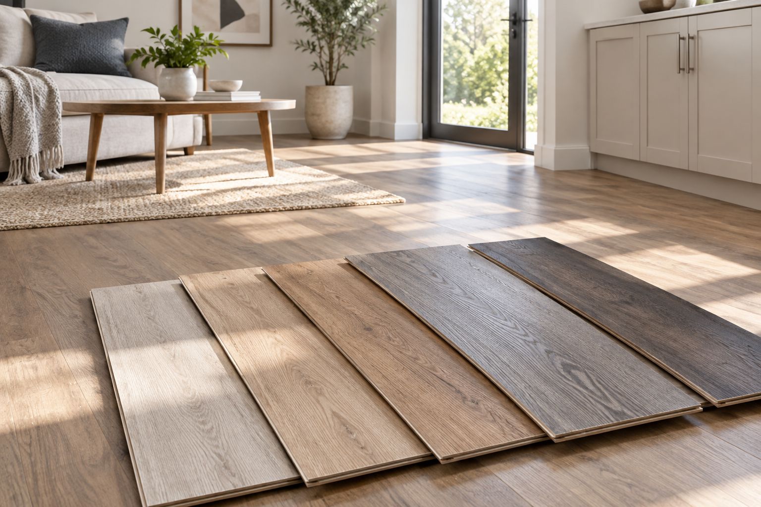 Wood-look laminate samples compared beside cabinetry in sunlight and shade