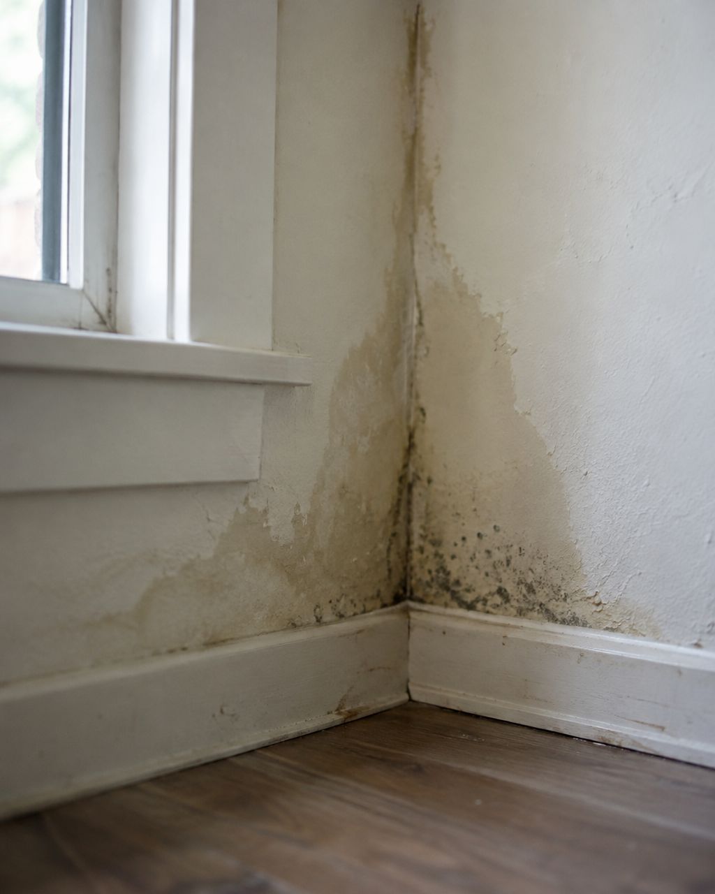 Early mold growth spreading across a damp interior wall corner near a window