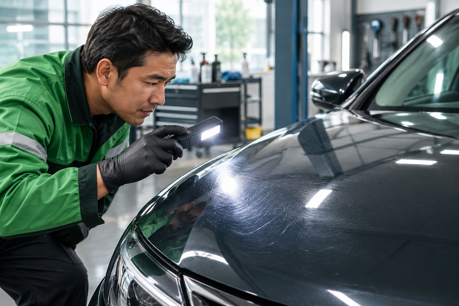 Next powered by EA Detailer Focused inspection light revealing swirl marks on a car bonnet