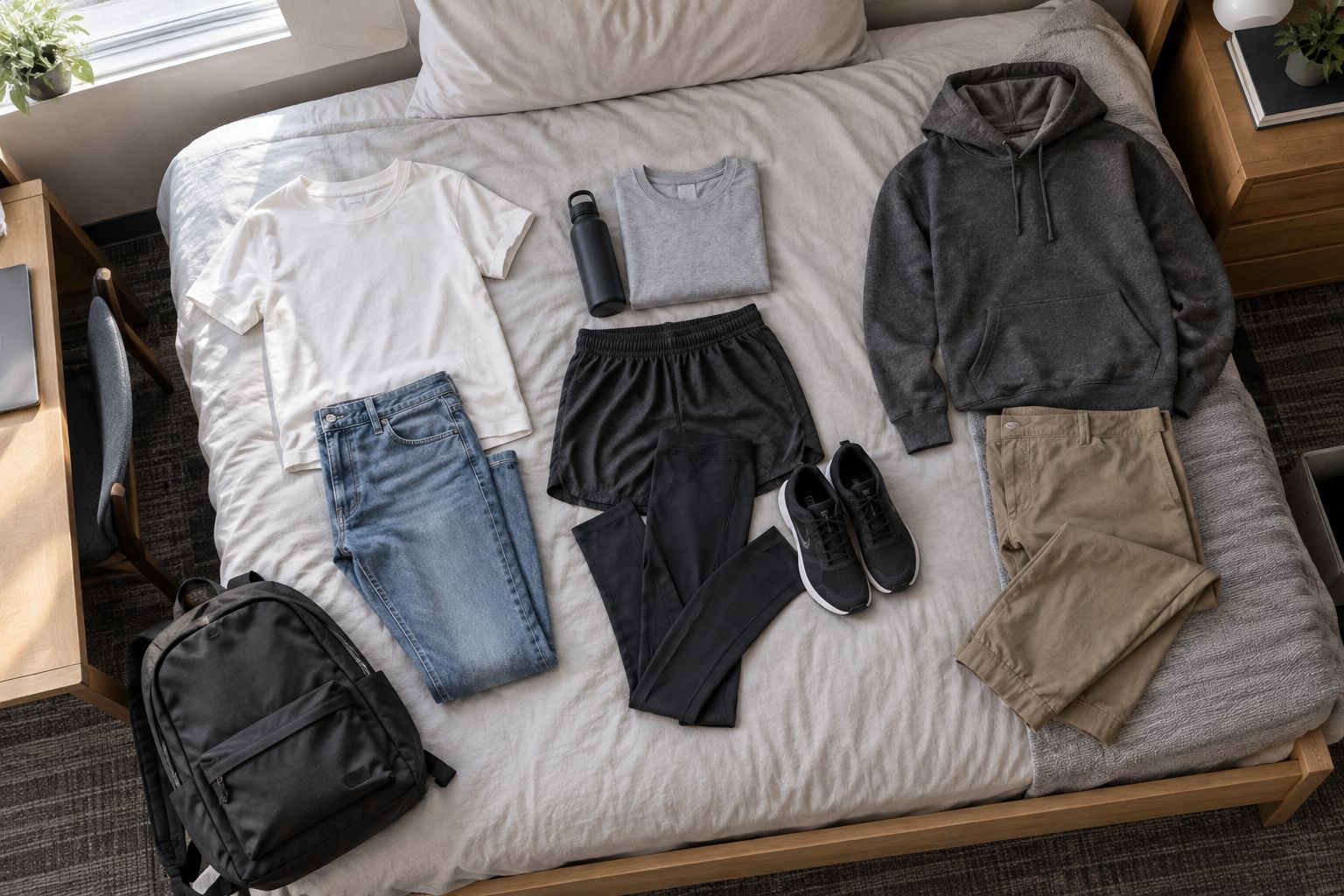 Three simple campus outfit groupings arranged beside a backpack
