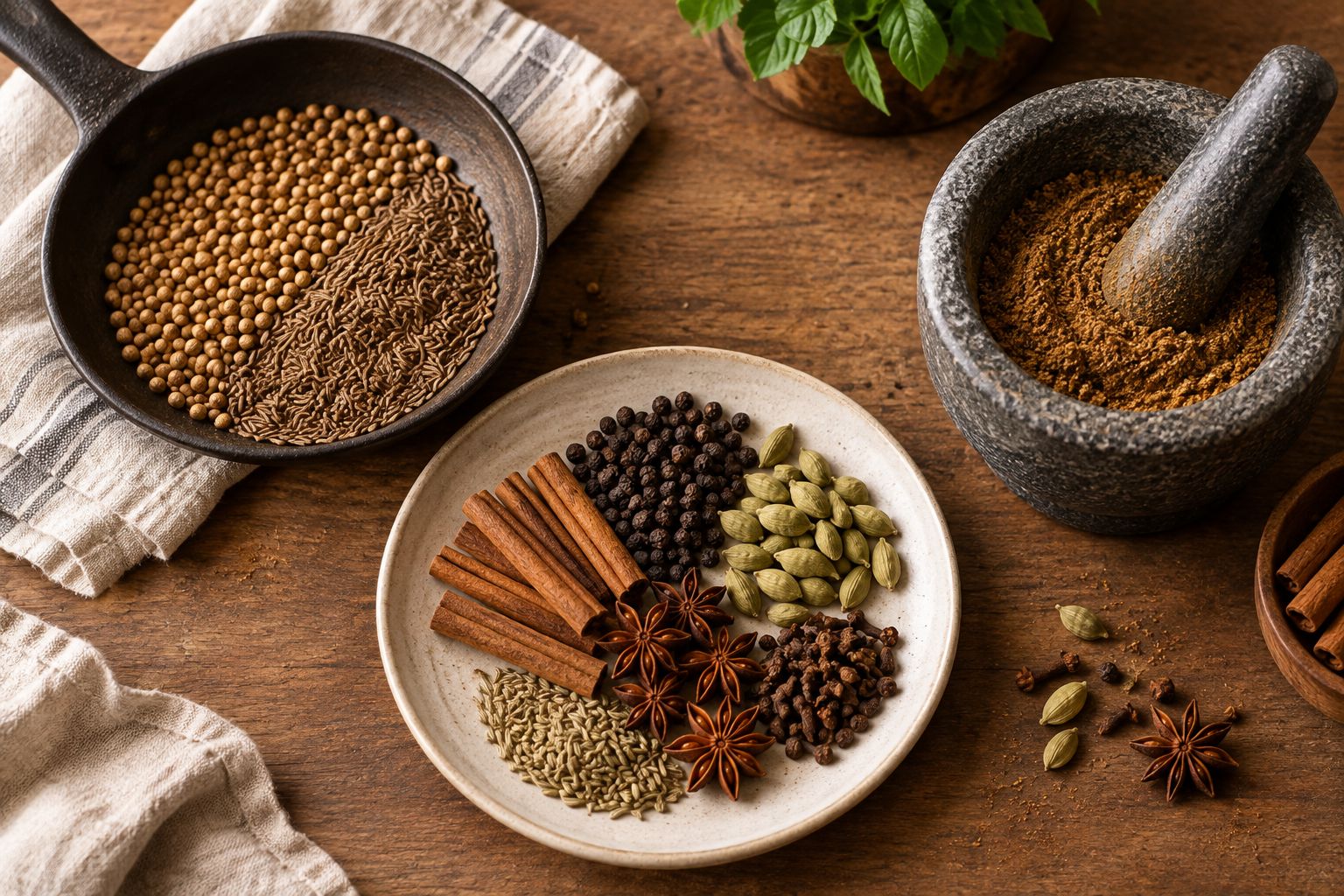 Whole spices in a skillet, cooled spices on a plate, and ground spice in a mortar