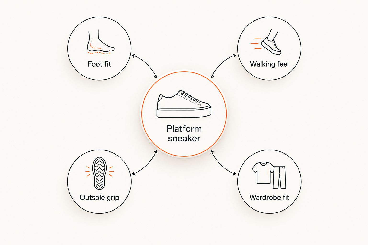 Platform sneaker choice centred on foot fit, walking feel, outsole grip and wardrobe fit