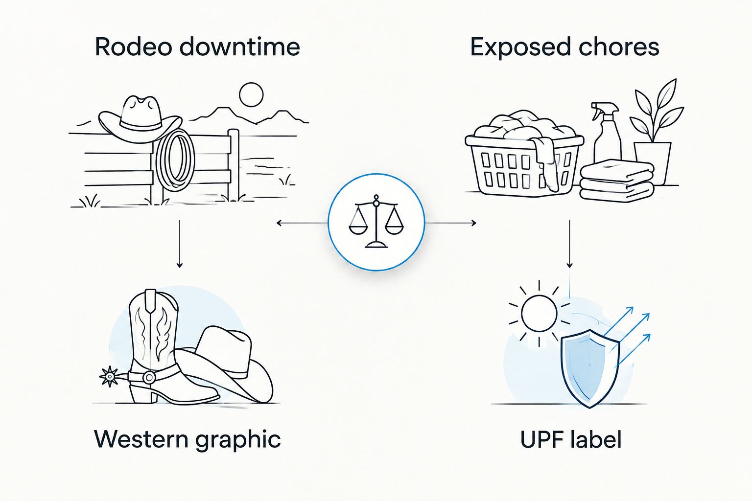 Two-column comparison of a western graphic for rodeo downtime and a UPF label for exposed chores