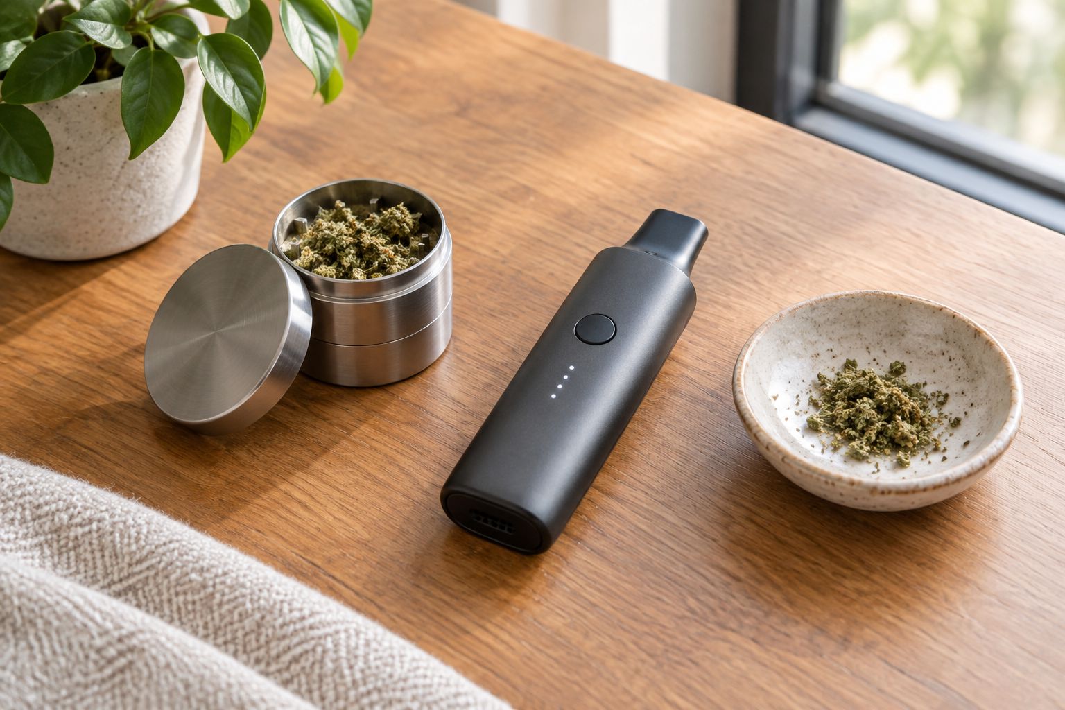 Portable dry herb vaporizer next to a grinder on a wooden table