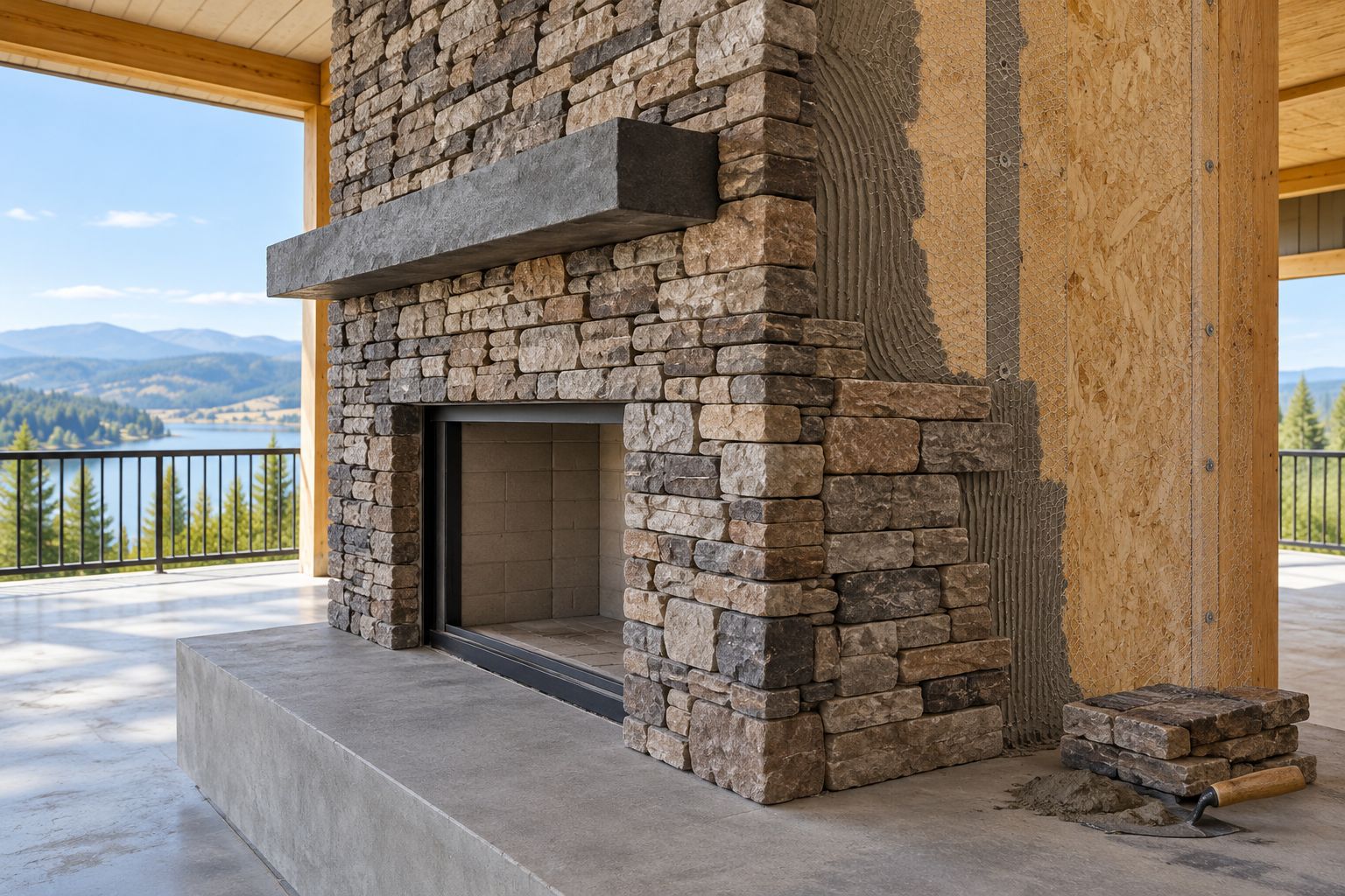 Stone veneer fireplace sample showing joint treatment, a corner return and the hearth junction