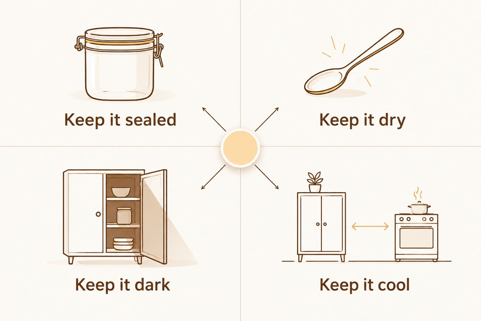 Four saffron storage habits: sealed, dry, dark, and cool.