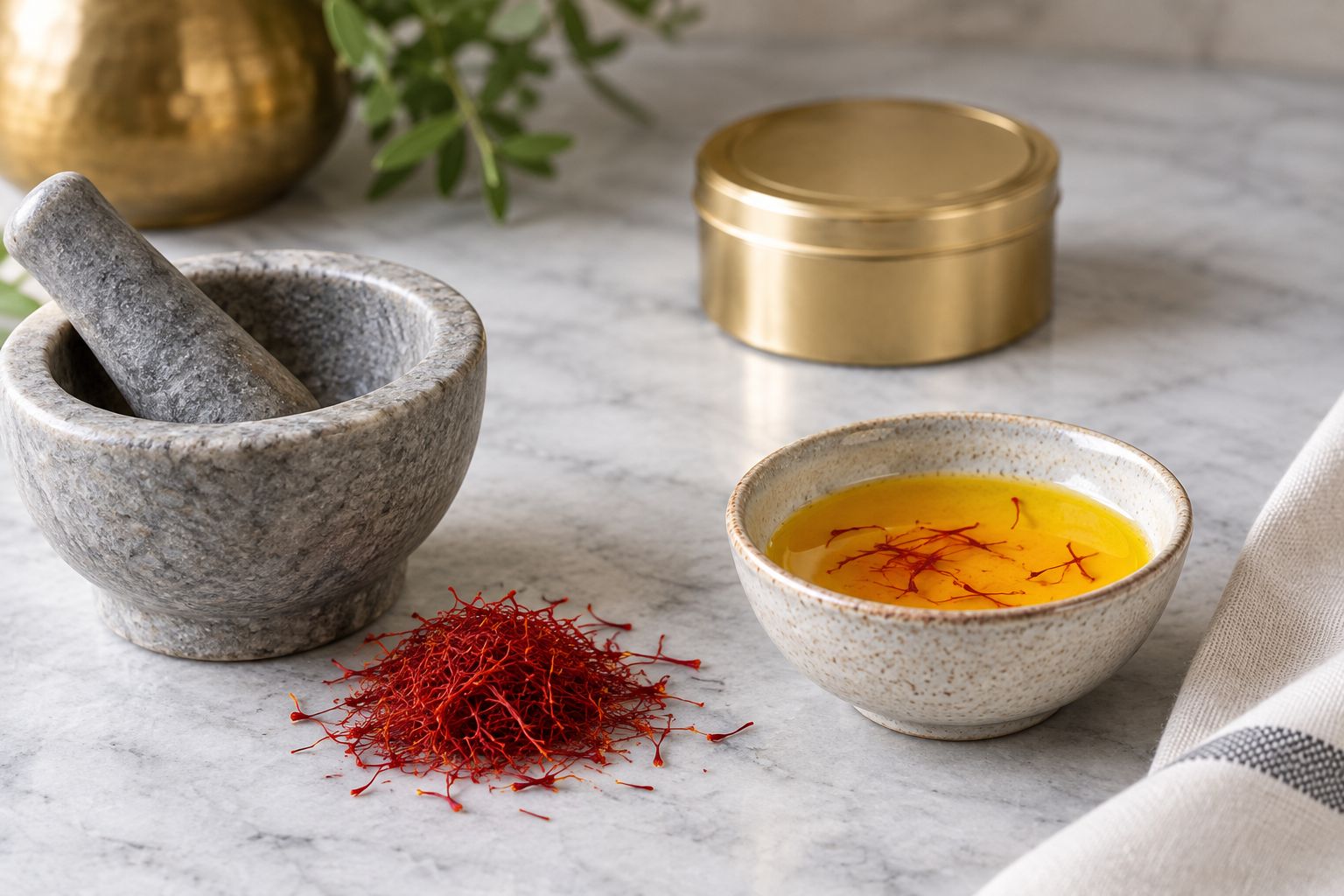 Dry saffron storage kept separate from a mortar and a prepared infusion.