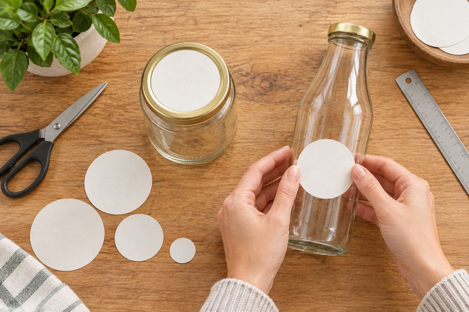 Blank paper circles being checked against a jar lid and the straight side of a bottle