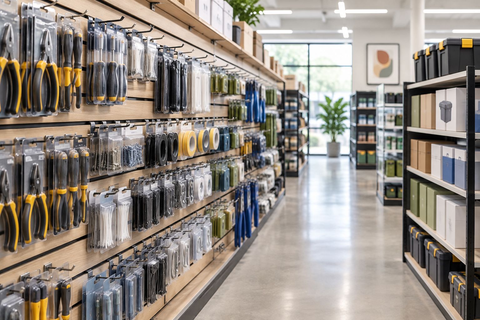 Slatwall merchandising beside separate shelving for boxed stock with a clear customer aisle