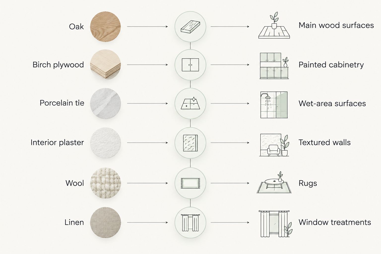 Material choices paired with their intended roles in a Scandinavian-inspired interior