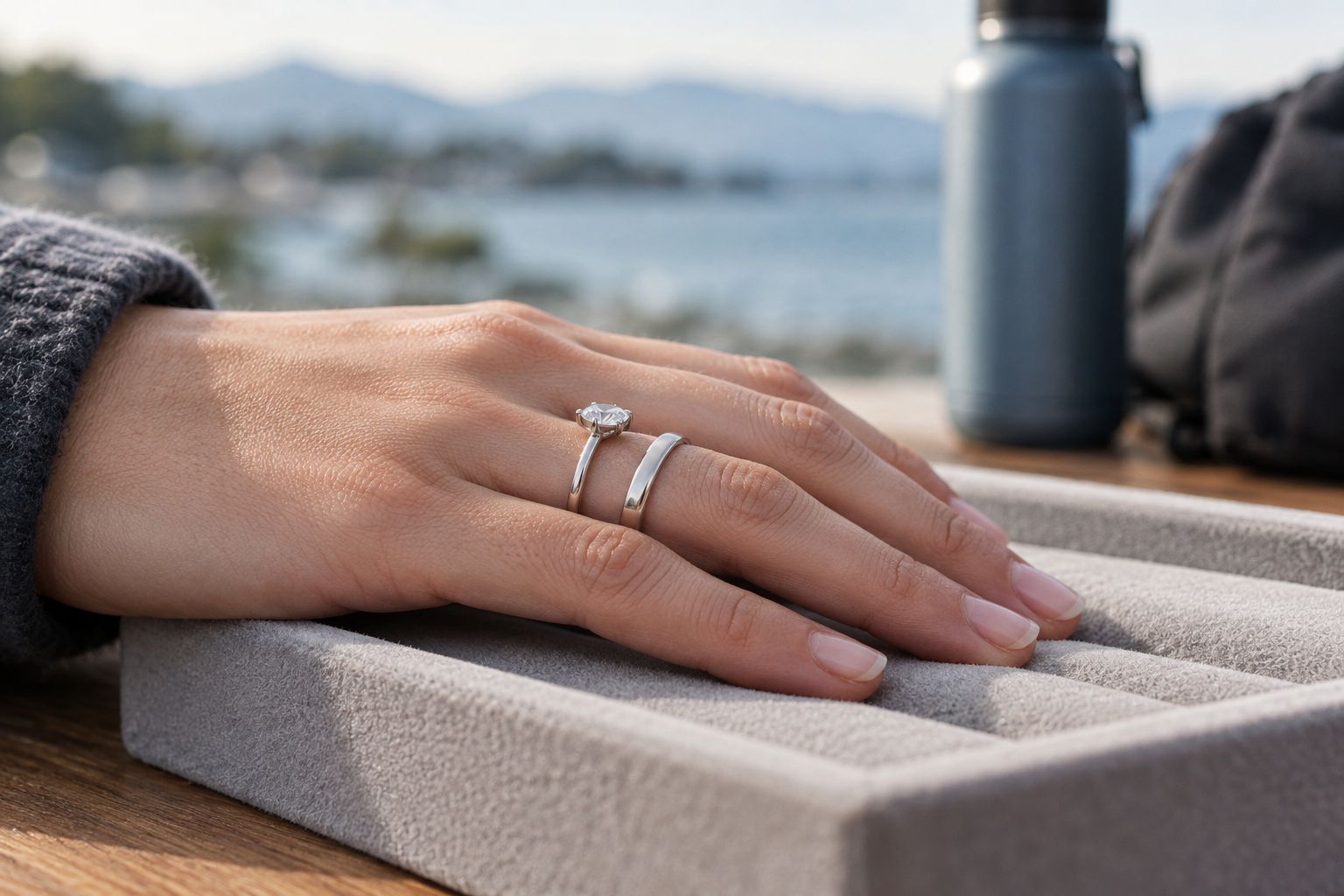Side view of a low-profile engagement ring and plain band on a relaxed hand