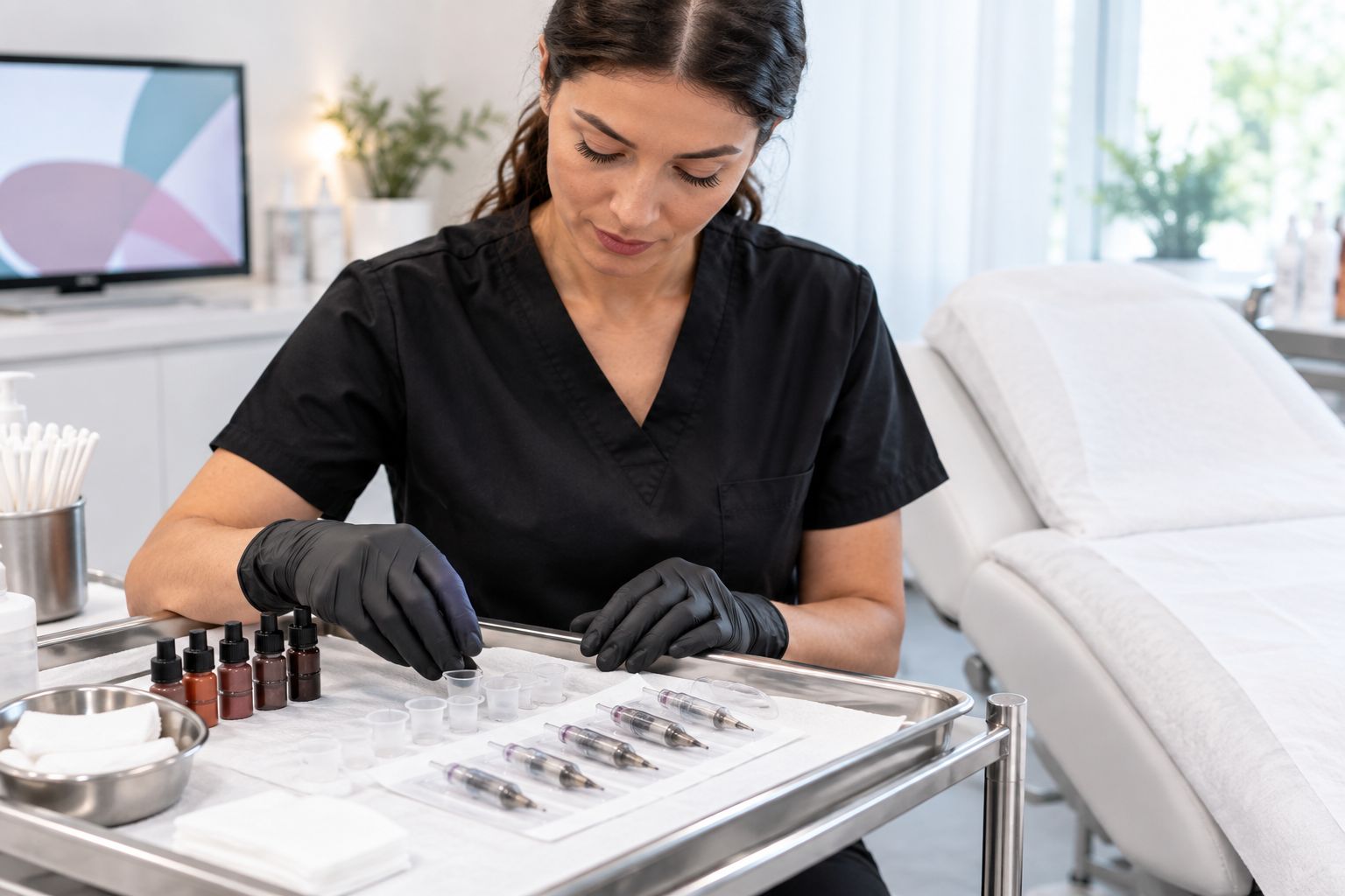 Clinician setting up a sterile permanent makeup tray in a treatment room