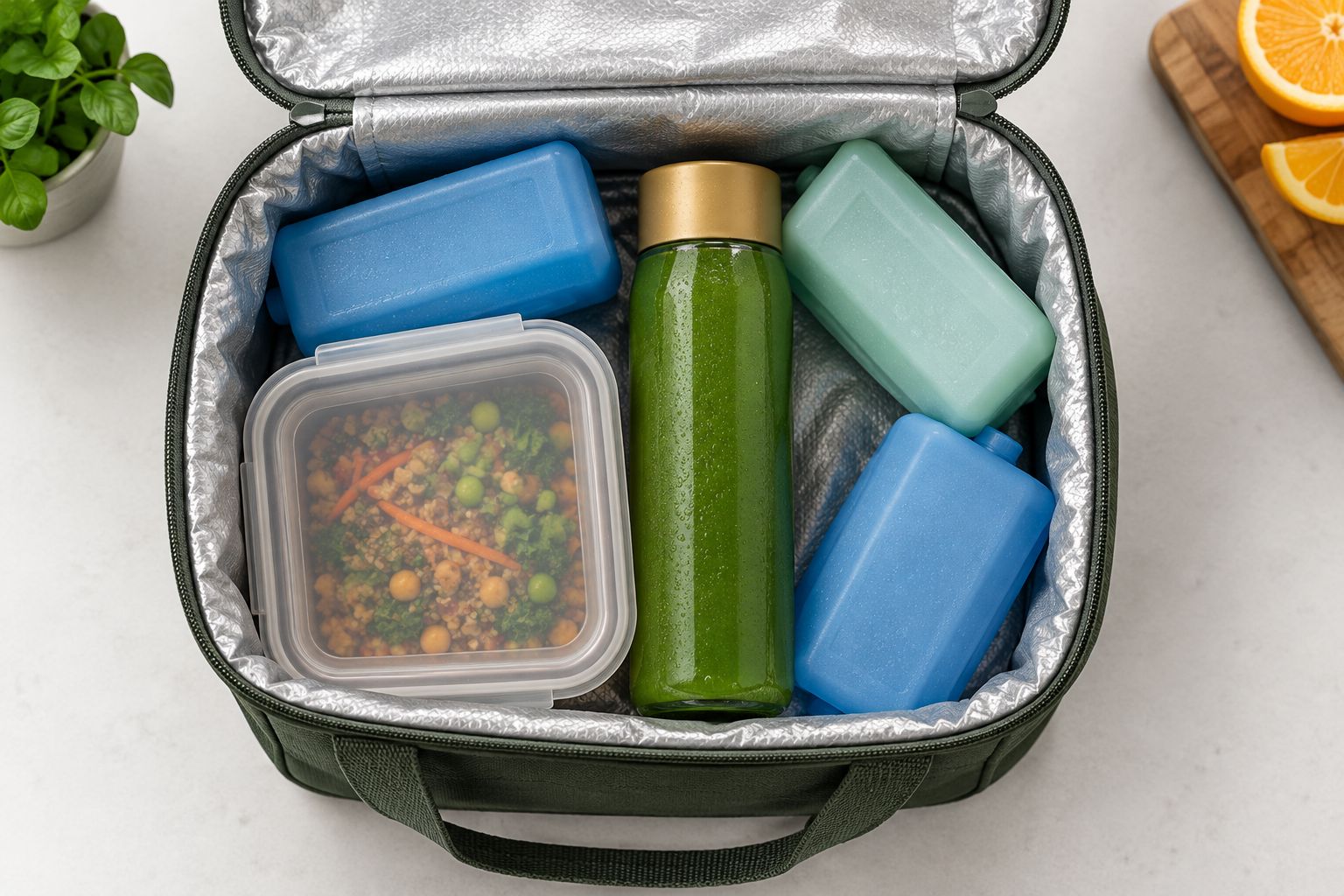 A packed lunch bag with a sealed drink bottle, cold packs and a food container