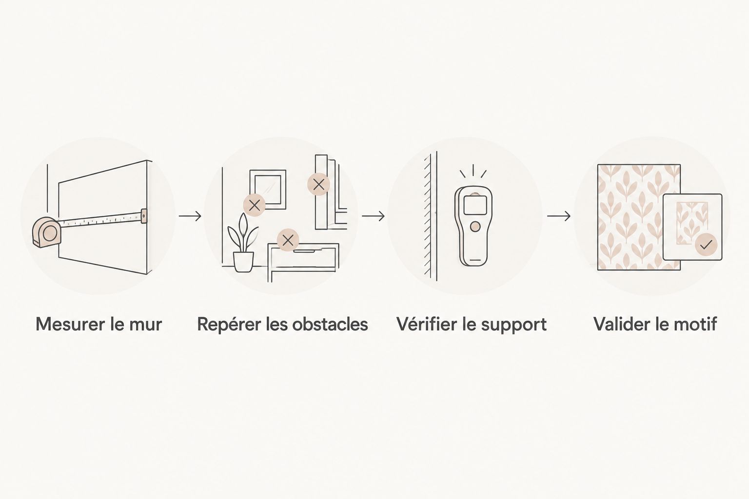 Les vérifications du mur, des obstacles, du support et du motif avant de choisir un papier peint.