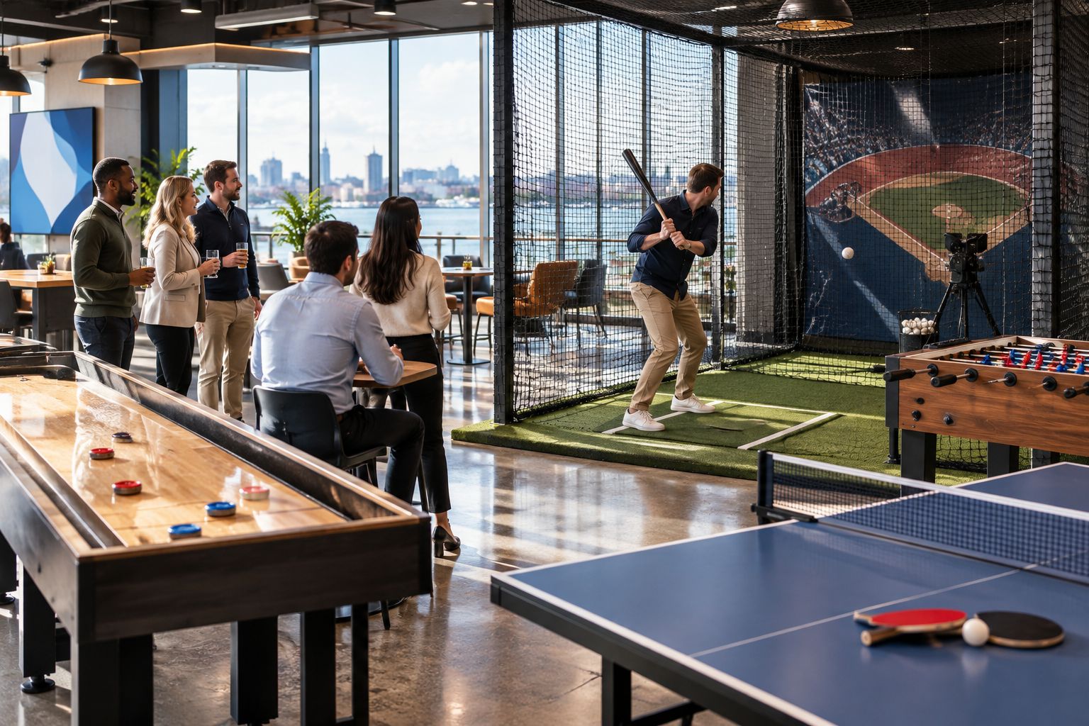 Conference delegates socialising around a batting cage and indoor games