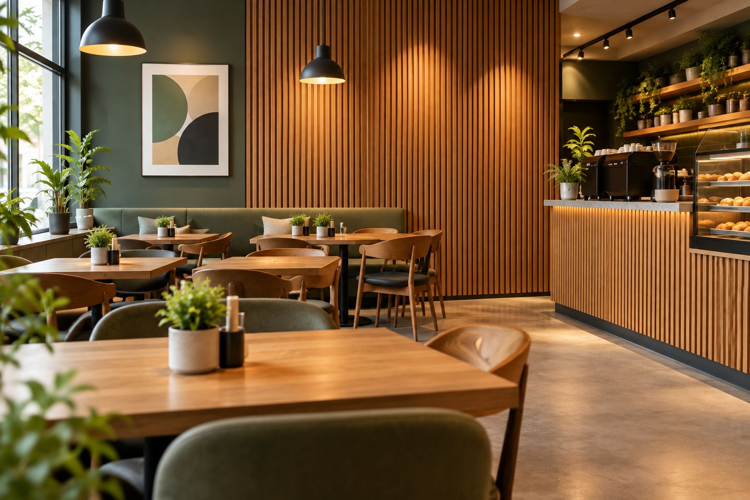Wood slat feature wall behind cafe seating, separate from the service counter