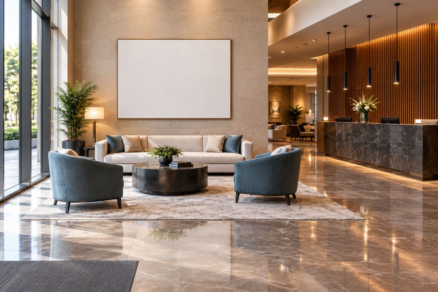 Hotel lobby with a blank wall-art template viewed from the entrance