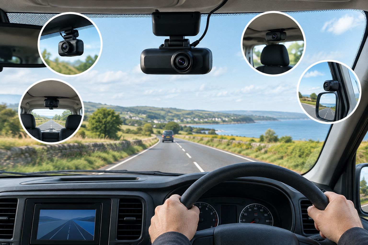 Driver-facing camera mounted on a van windscreen, seen from the driver's seat