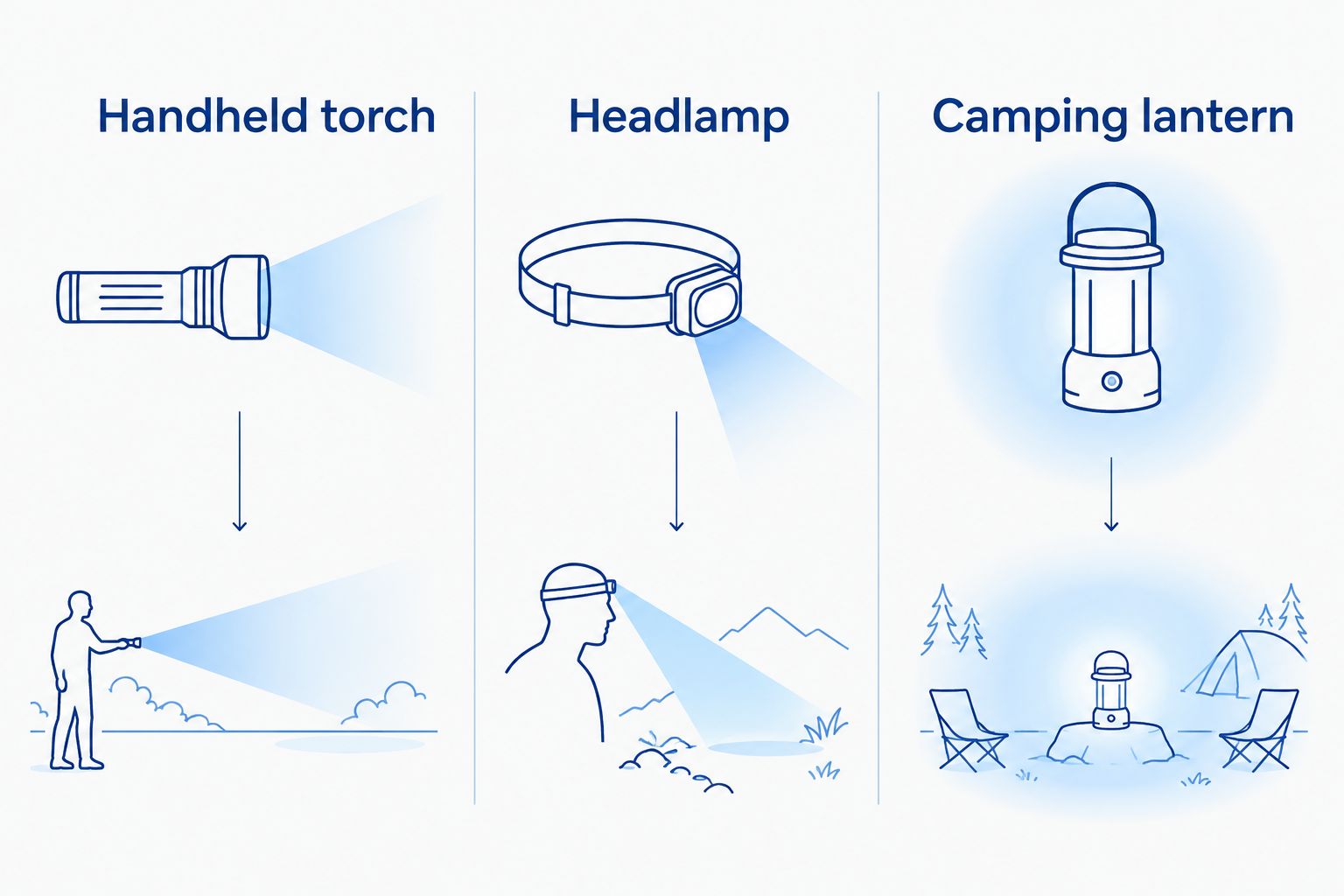 Comparison of a handheld torch, headlamp and camping lantern with their different light patterns