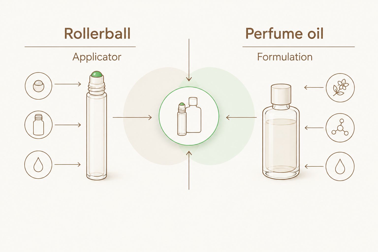 Comparison showing rollerball as an applicator and perfume oil as a formulation