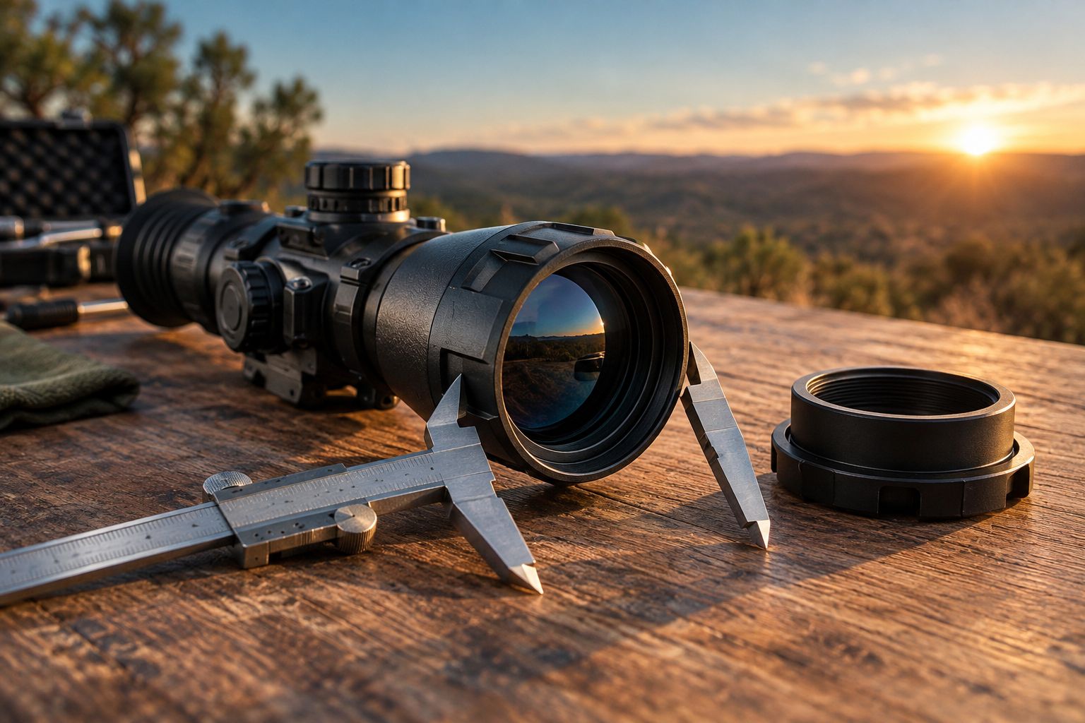 Callipers measuring a scope's outer objective housing beside a separate adapter