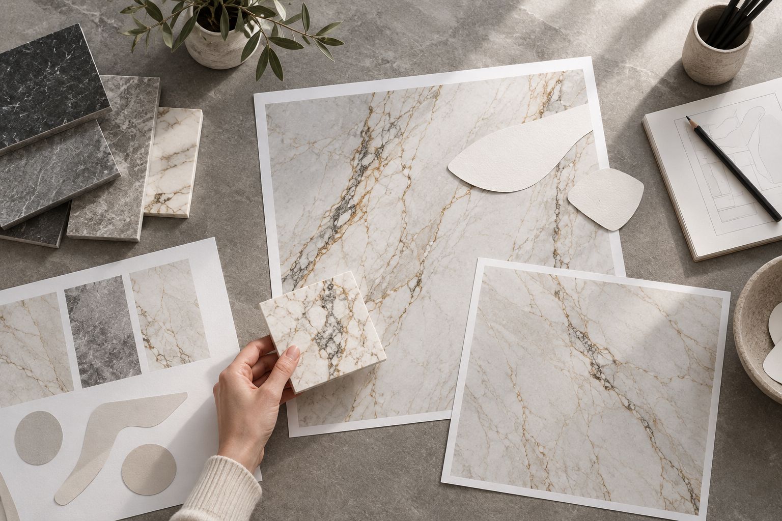 Small porcelain samples beside full-slab images with paper shapes showing proposed cuts